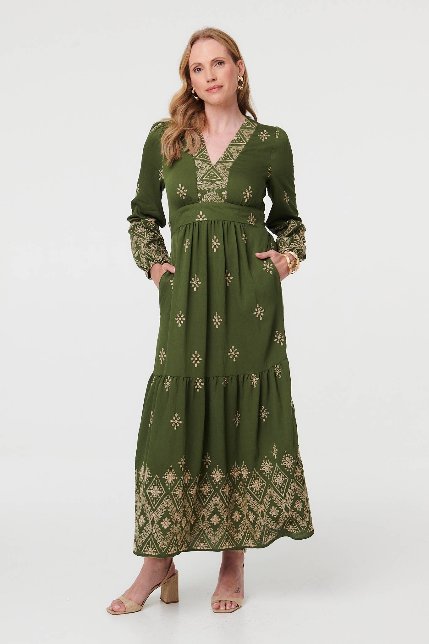 Border Print Long Sleeve Maxi Dress Styled View 2