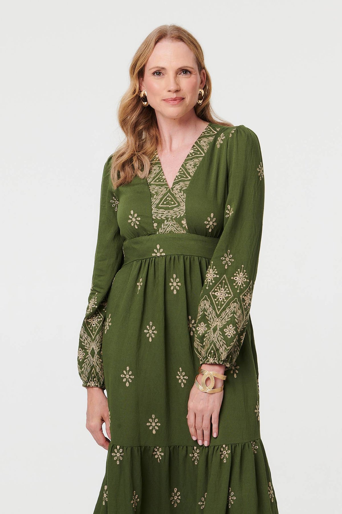 Border Print Long Sleeve Maxi Dress Back View 3