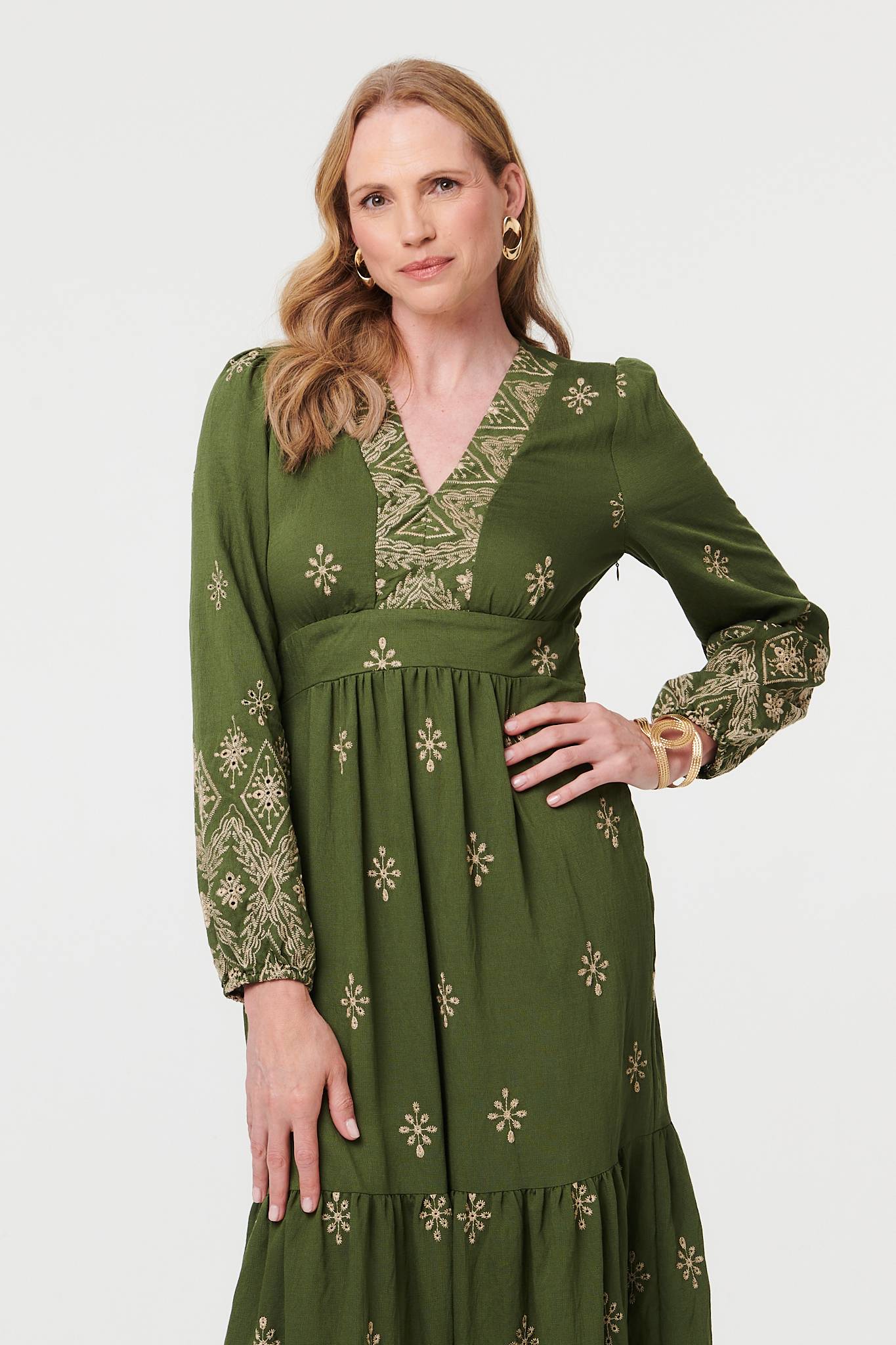 Border Print Long Sleeve Maxi Dress Full Length View 2
