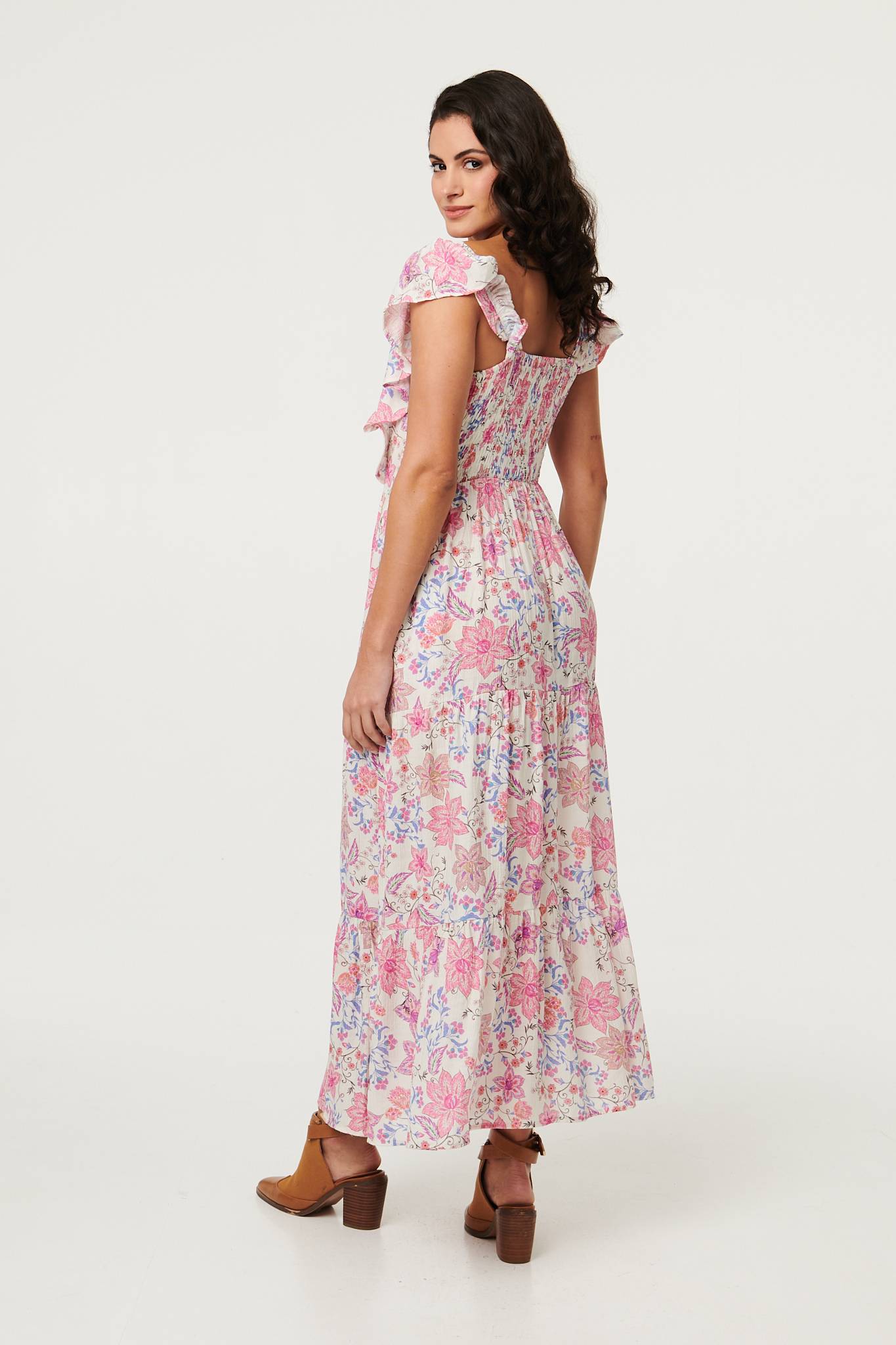 Floral Ruffled Cap Sleeve Maxi Dress Detail View