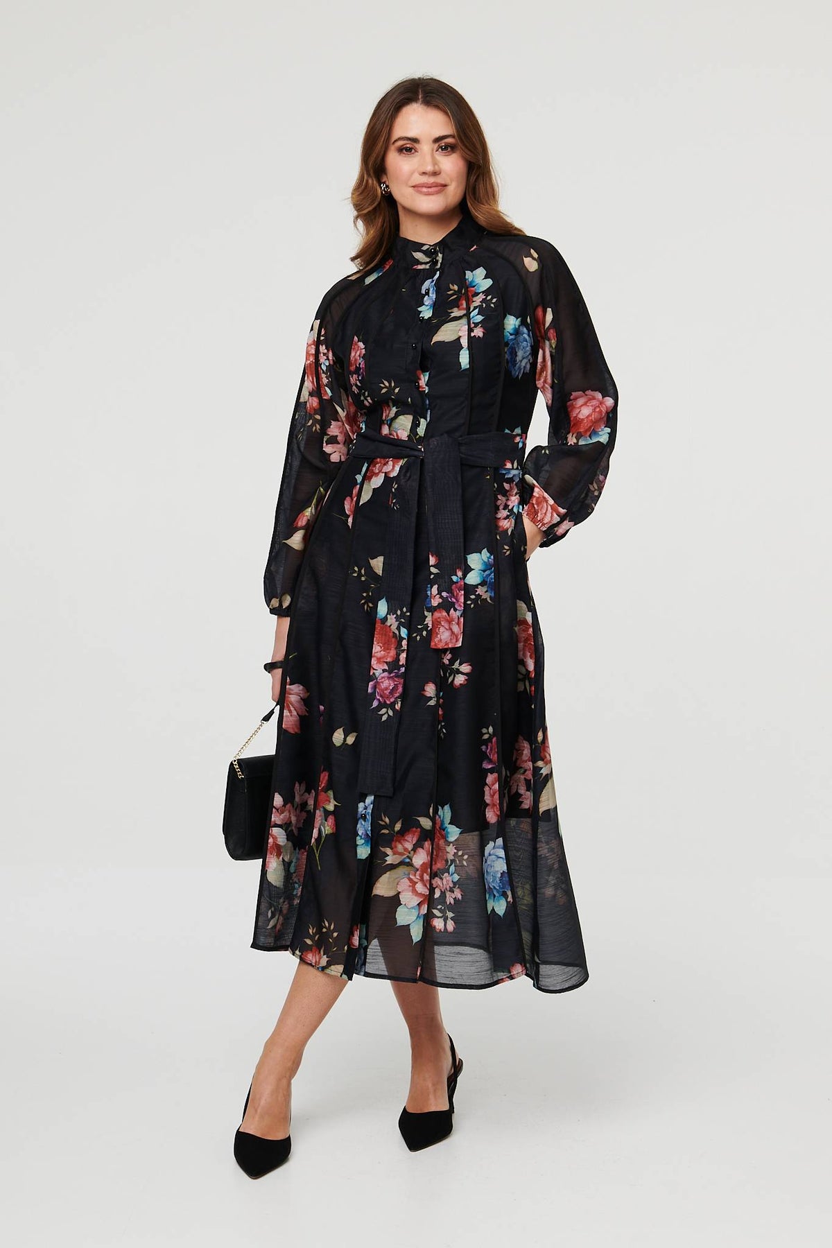 Floral Semi Sheer Tie Waist Midi Dress Full Length View