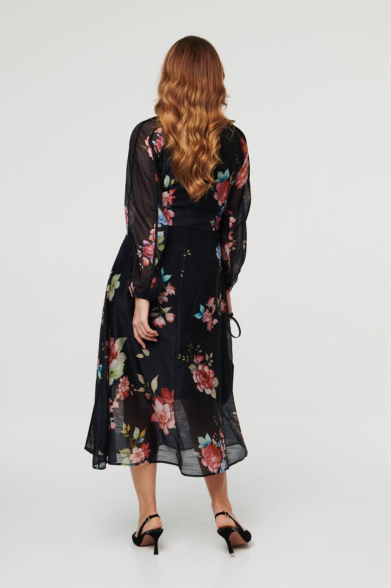 Floral Semi Sheer Tie Waist Midi Dress Detail View