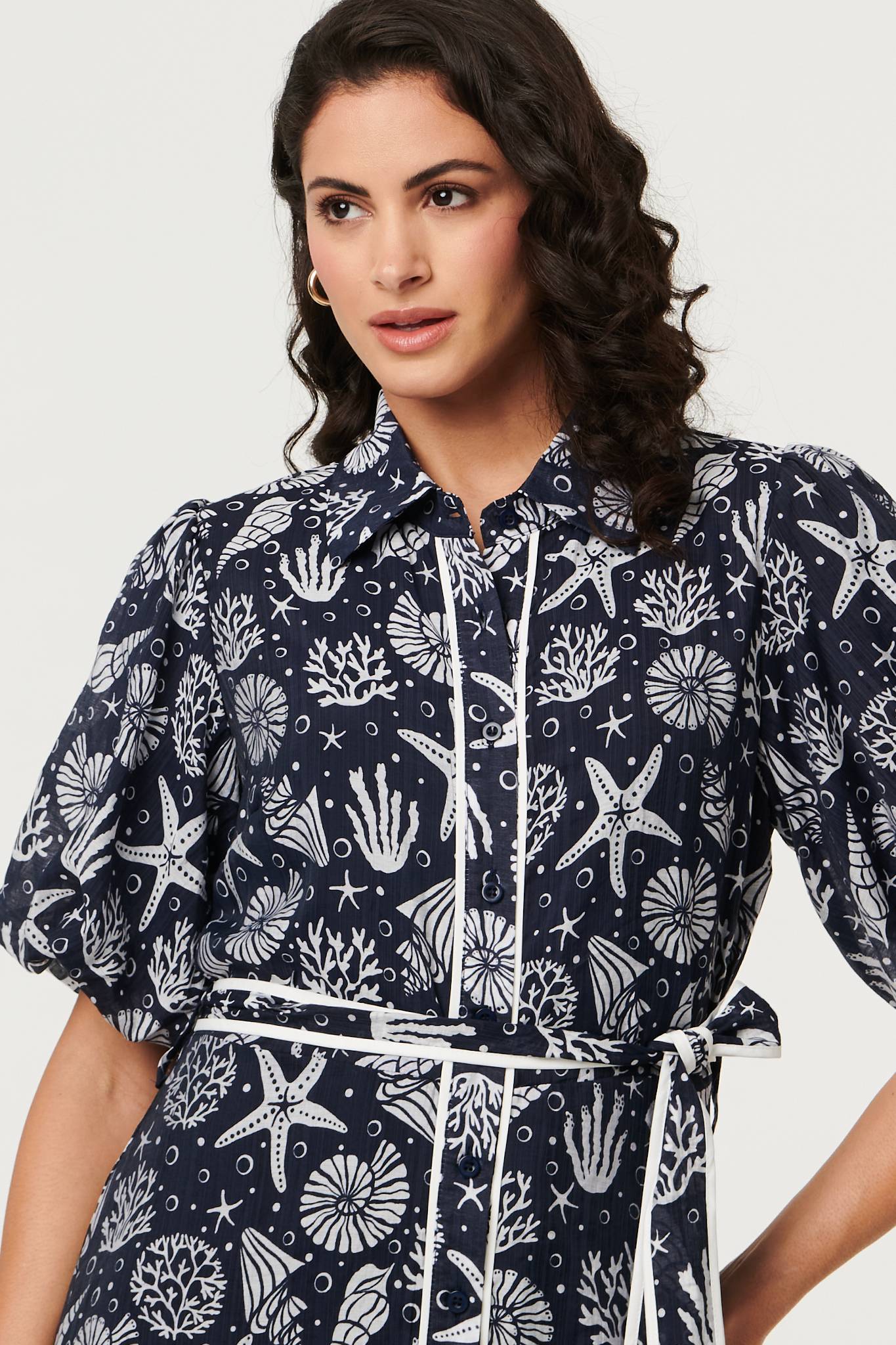Tropical Print Puff Sleeve Midi Dress Full Length View
