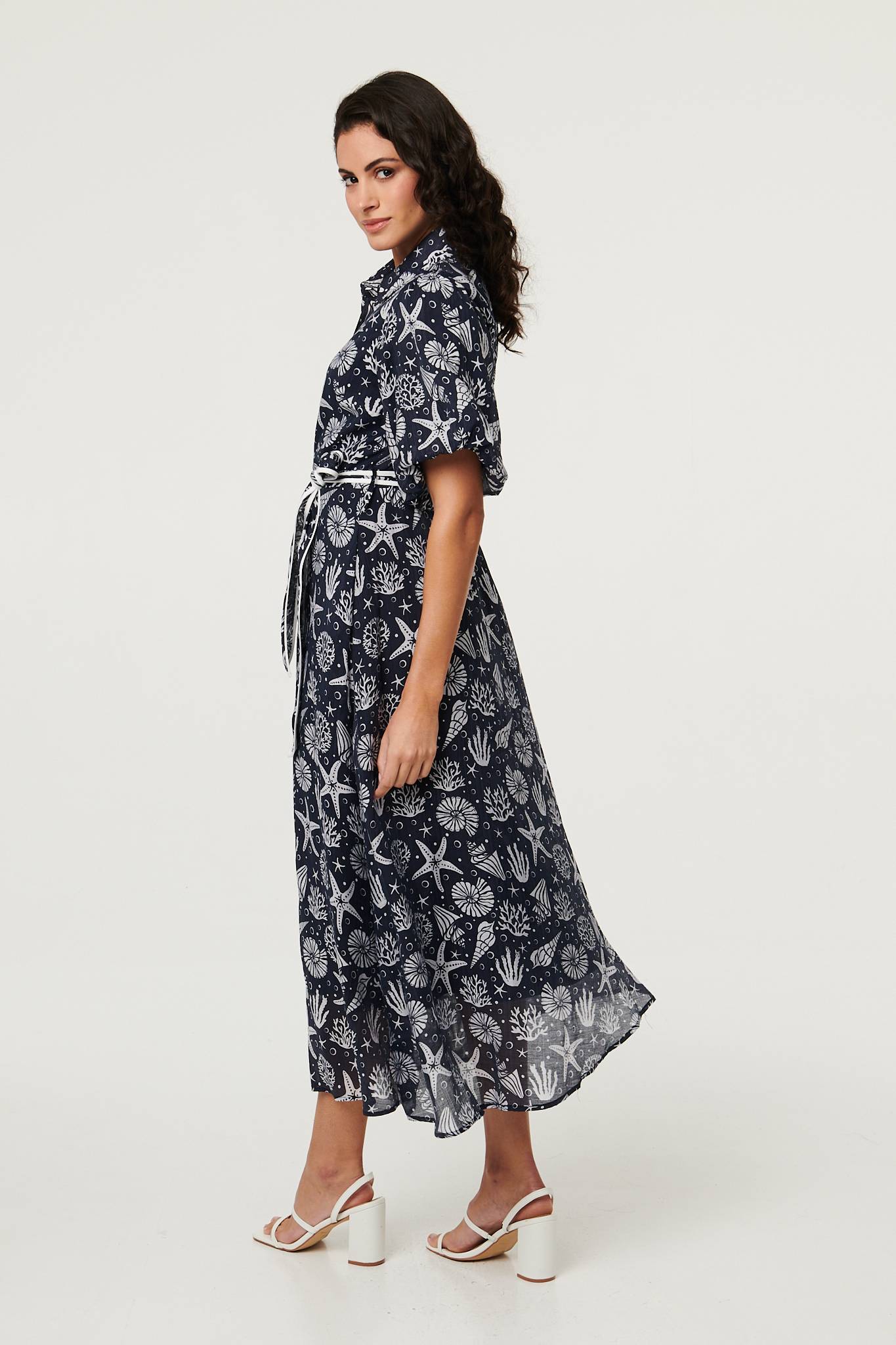 Tropical Print Puff Sleeve Midi Dress Detail View