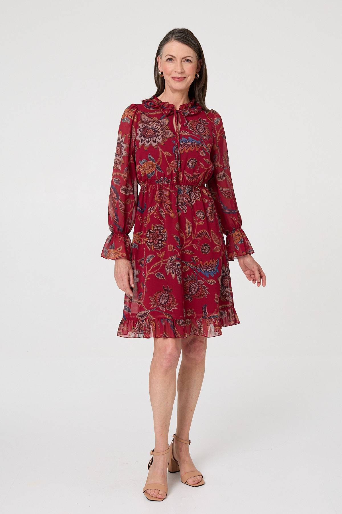 Printed Frill Trim Knee Length Dress Back View