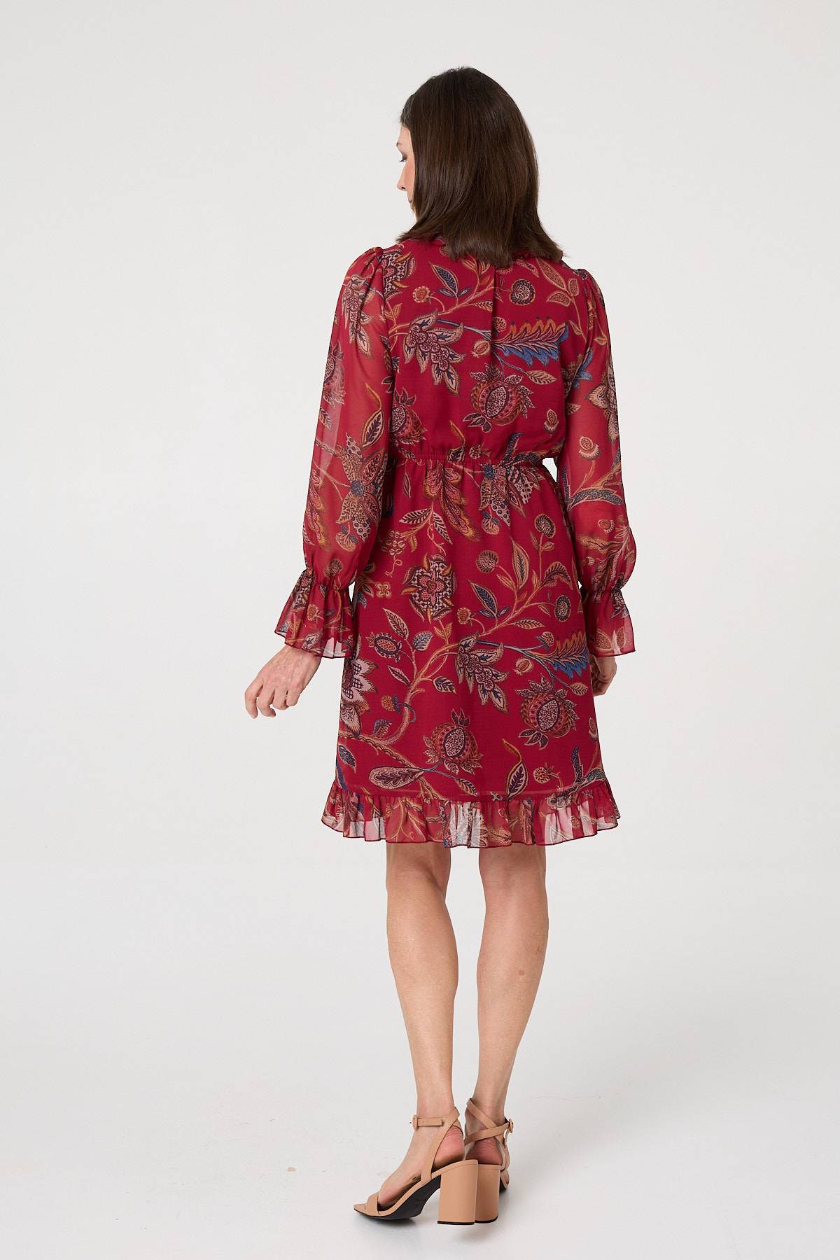 Printed Frill Trim Knee Length Dress Styled View