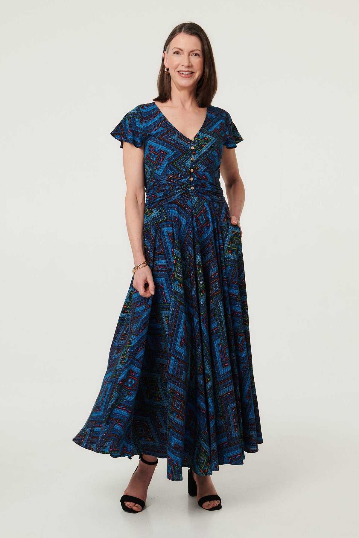 Geo Print Cap Sleeve Ruched Maxi Dress Front View