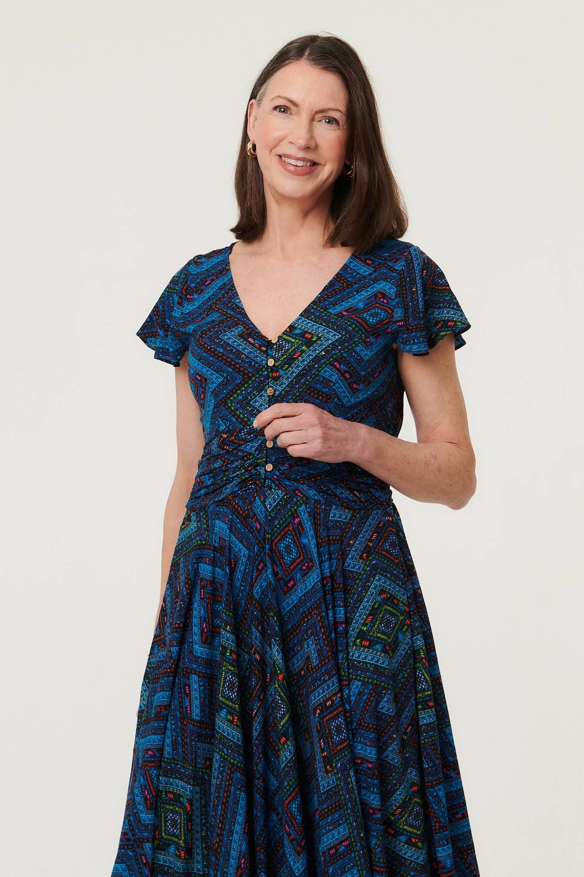 Geo Print Cap Sleeve Ruched Maxi Dress Back View