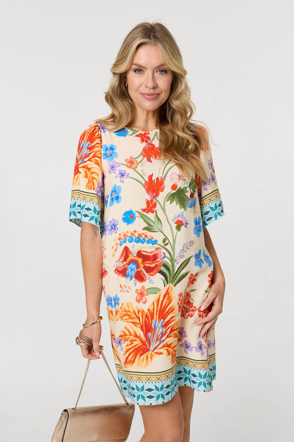 Floral Border Print Short Shift Dress Back View