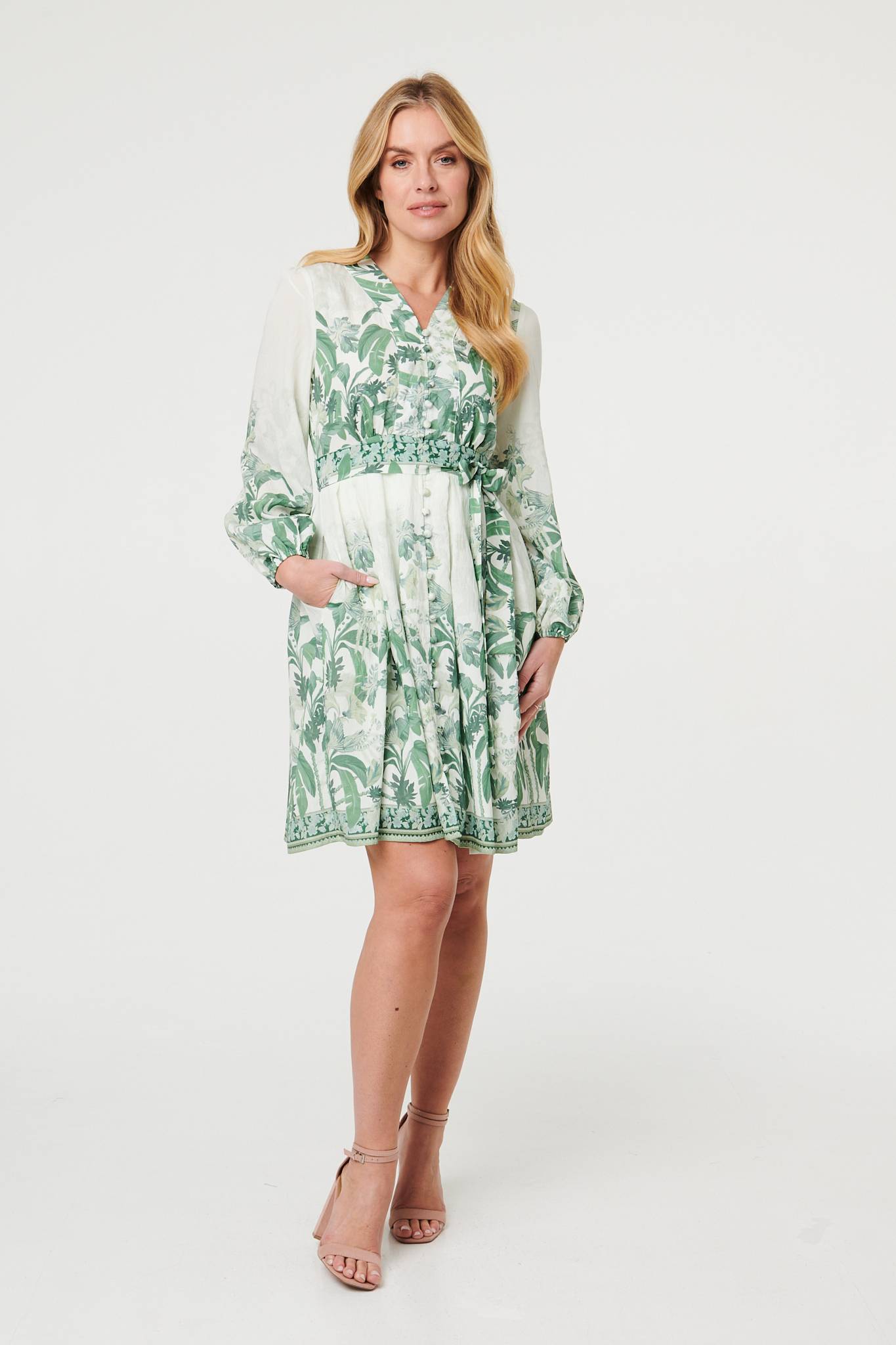 Leaf Print Long Sleeve Tie Short Dress Back View