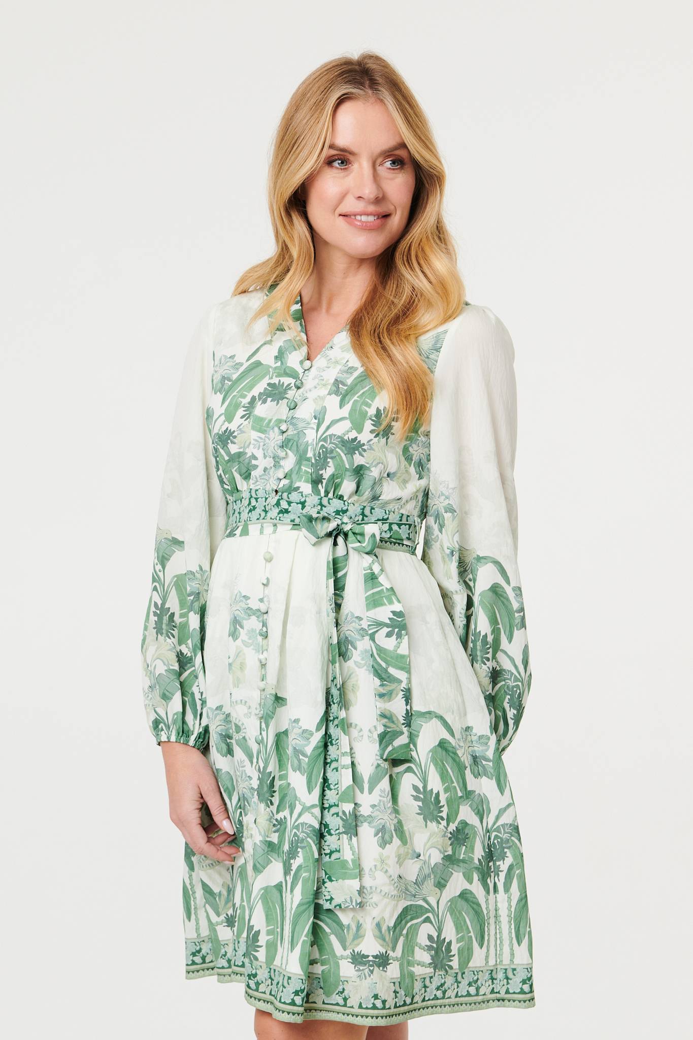 Leaf Print Long Sleeve Tie Short Dress Front View