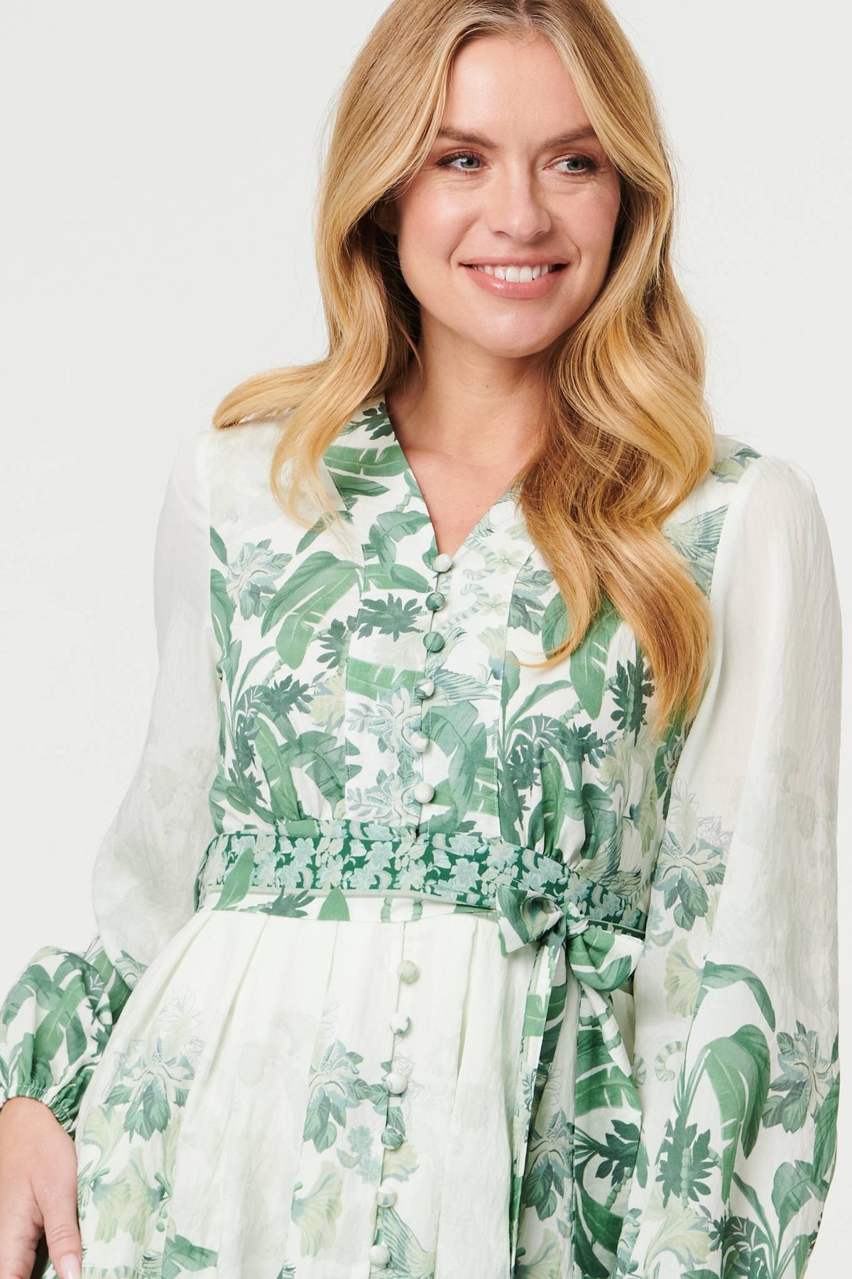 Leaf Print Long Sleeve Tie Short Dress Styled View