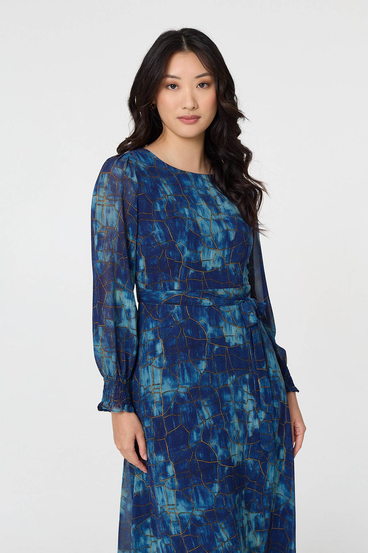 Printed Semi Sheer Tie Waist Maxi Dress Back View
