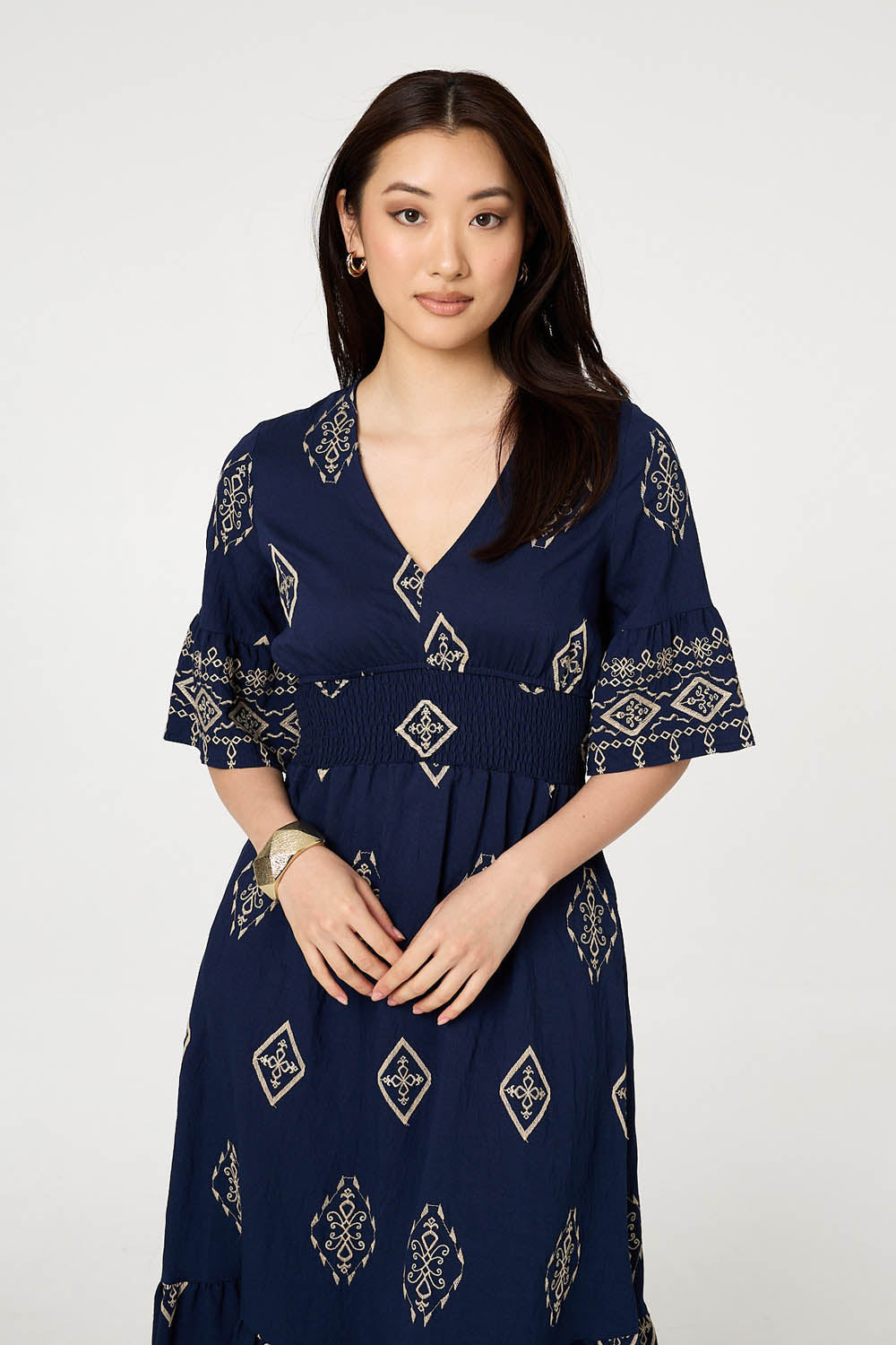Printed 1/2 Sleeve Shirred Midi Dress Back View