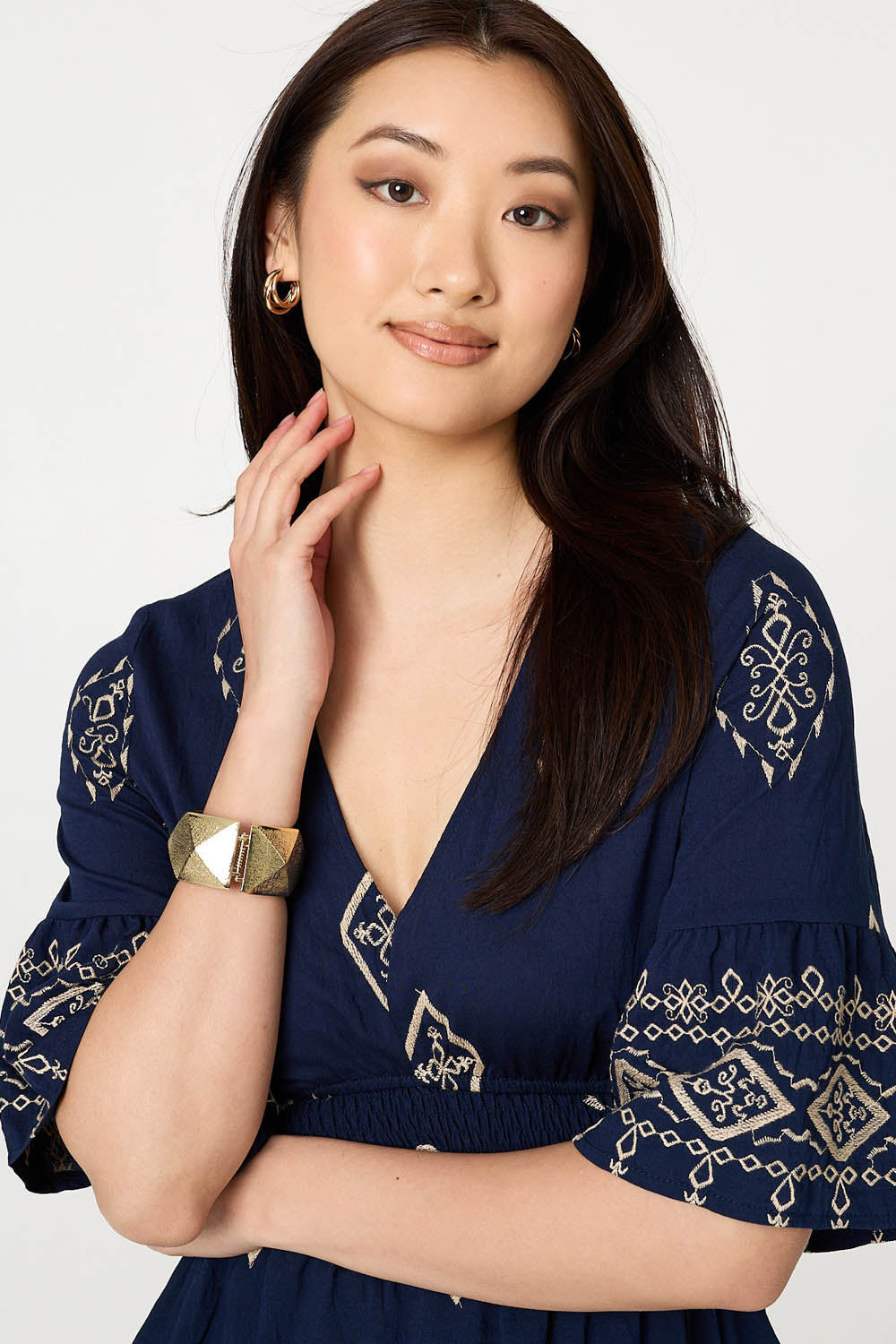 Printed 1/2 Sleeve Shirred Midi Dress Styled View