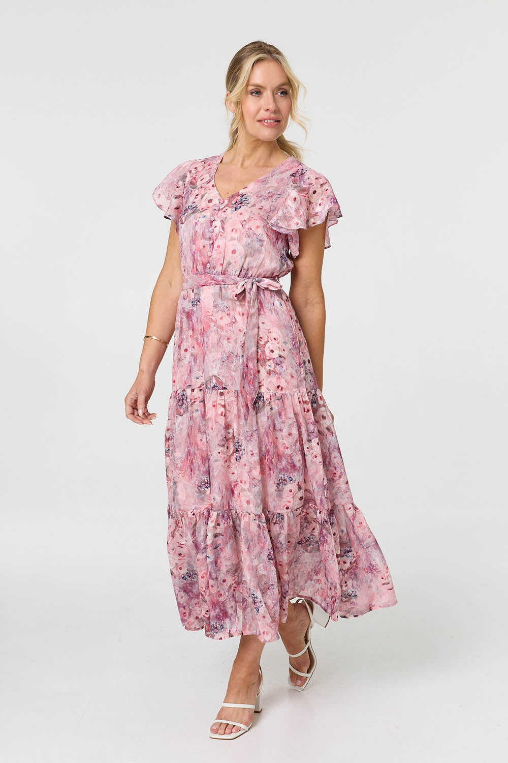 Floral Tiered Tie Waist Maxi Dress Detail View
