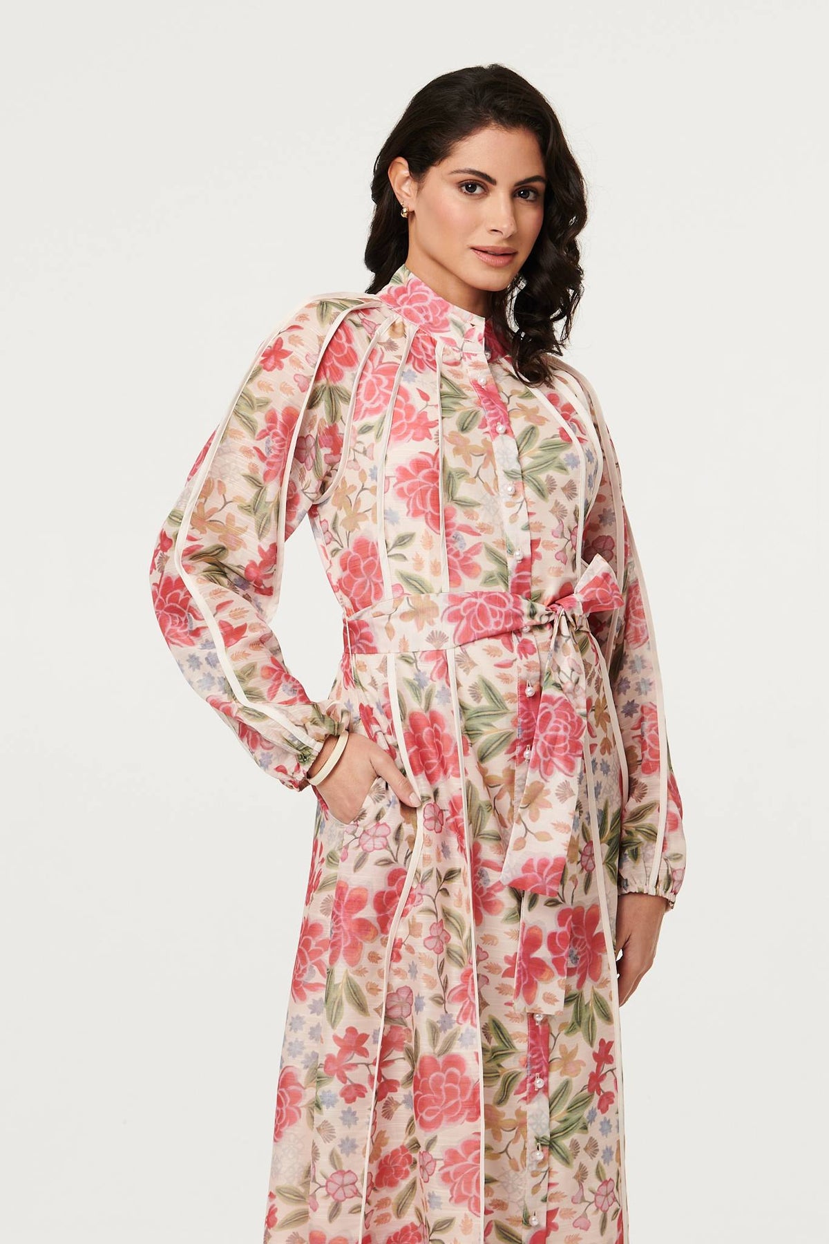 Floral Tie Waist High Neck Midi Dress Styled View