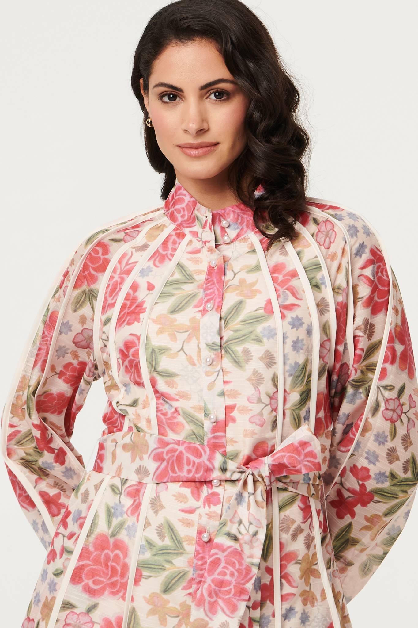 Floral Tie Waist High Neck Midi Dress Detail View