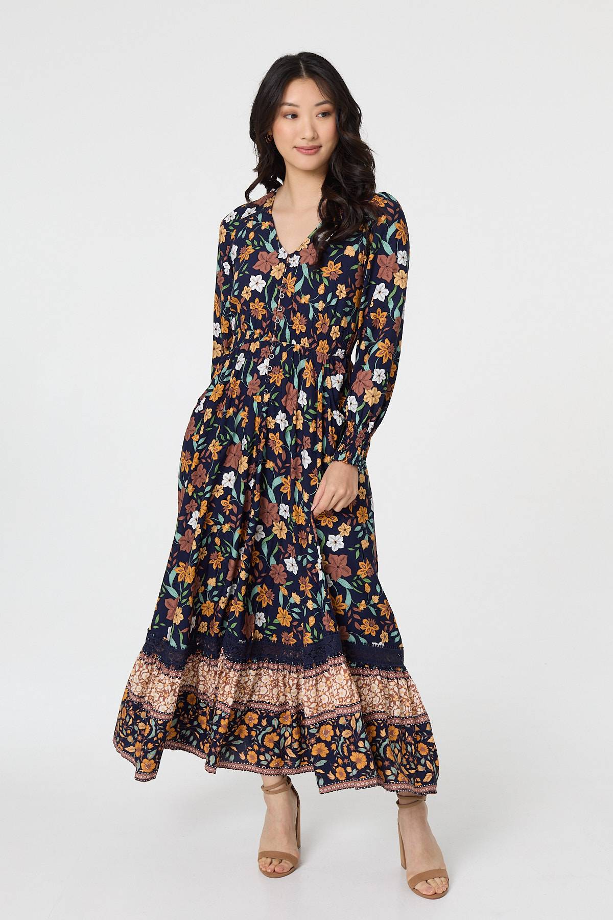 Floral Border Print Smocked Maxi Dress Styled View