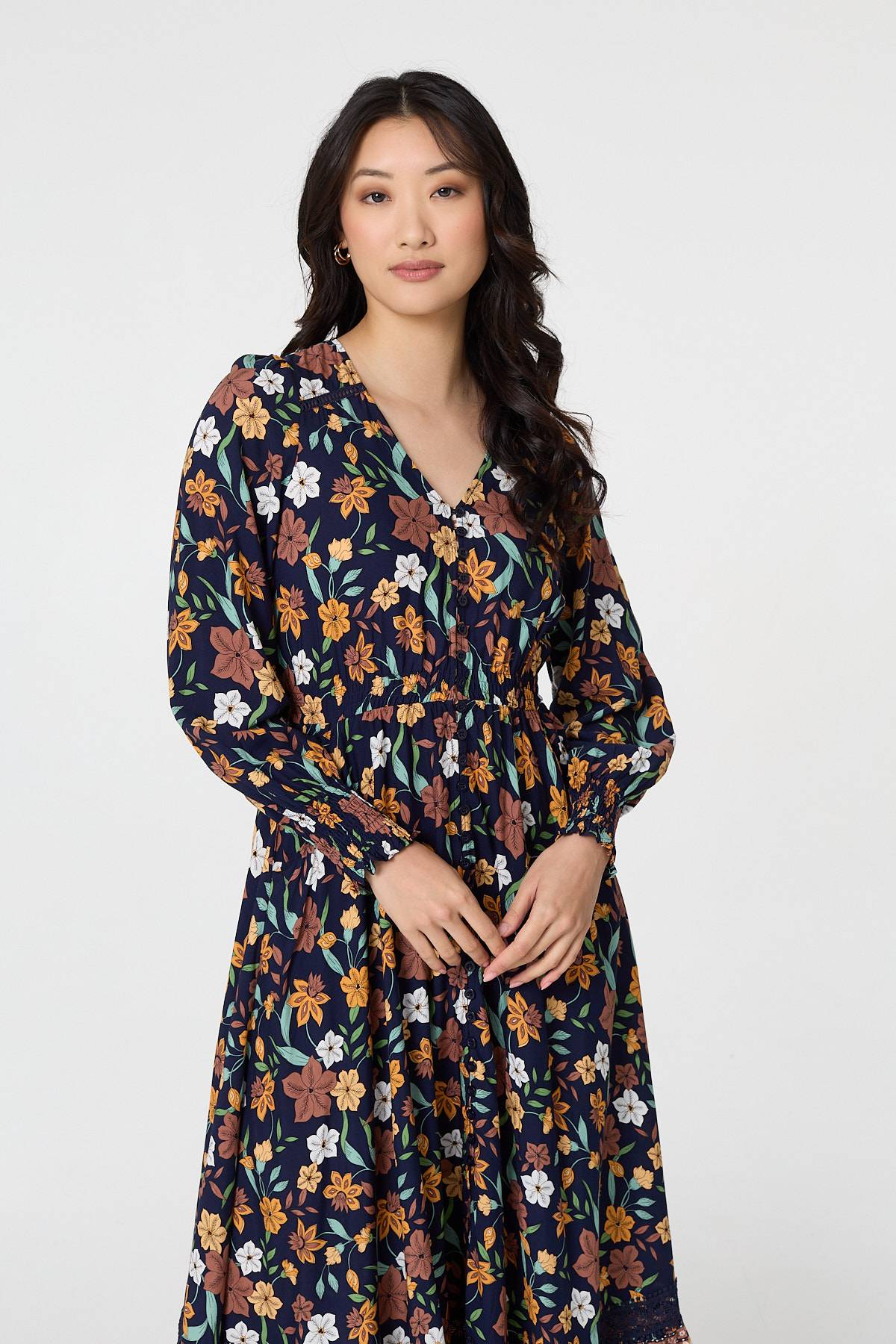 Floral Border Print Smocked Maxi Dress Back View