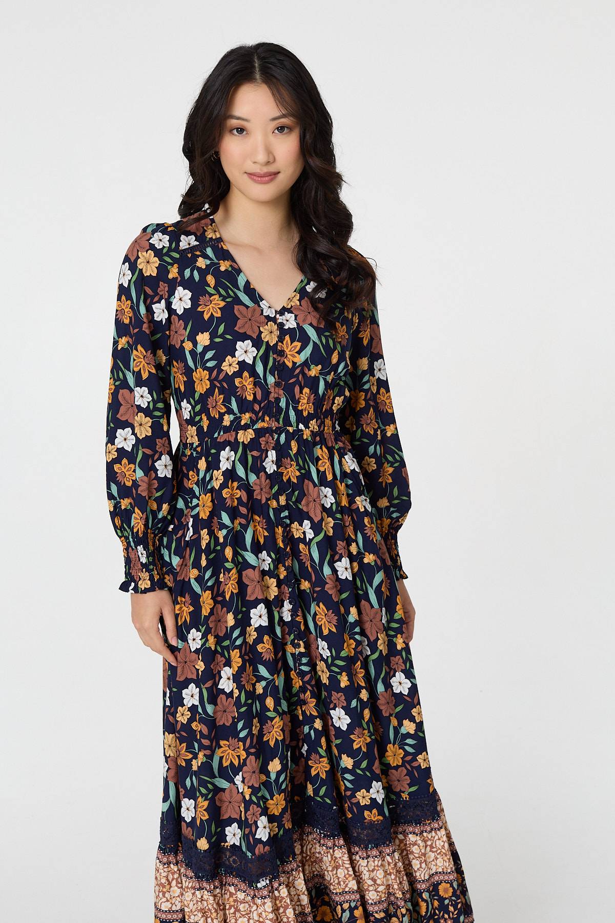 Floral Border Print Smocked Maxi Dress Side View 2