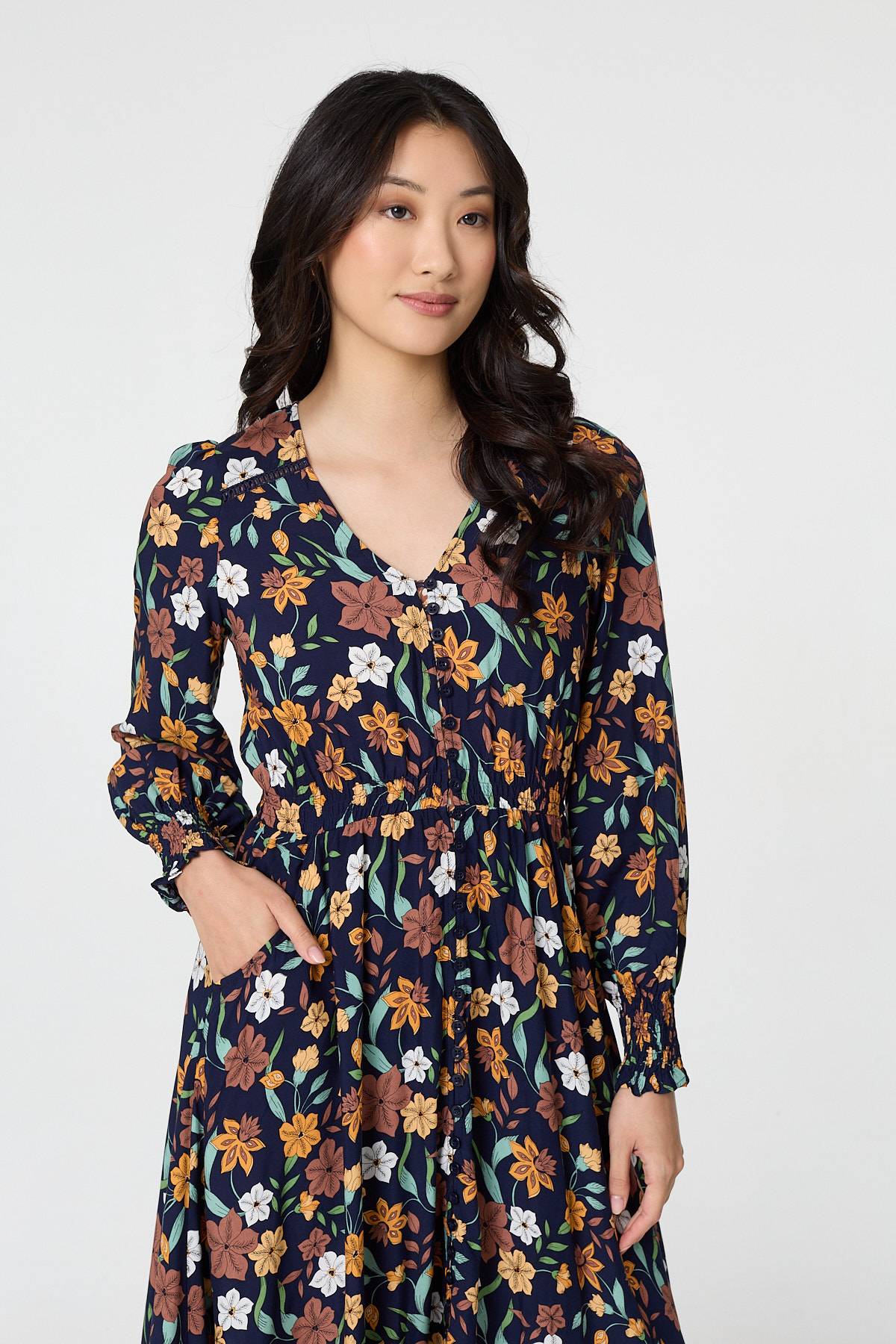 Floral Border Print Smocked Maxi Dress Back View 2