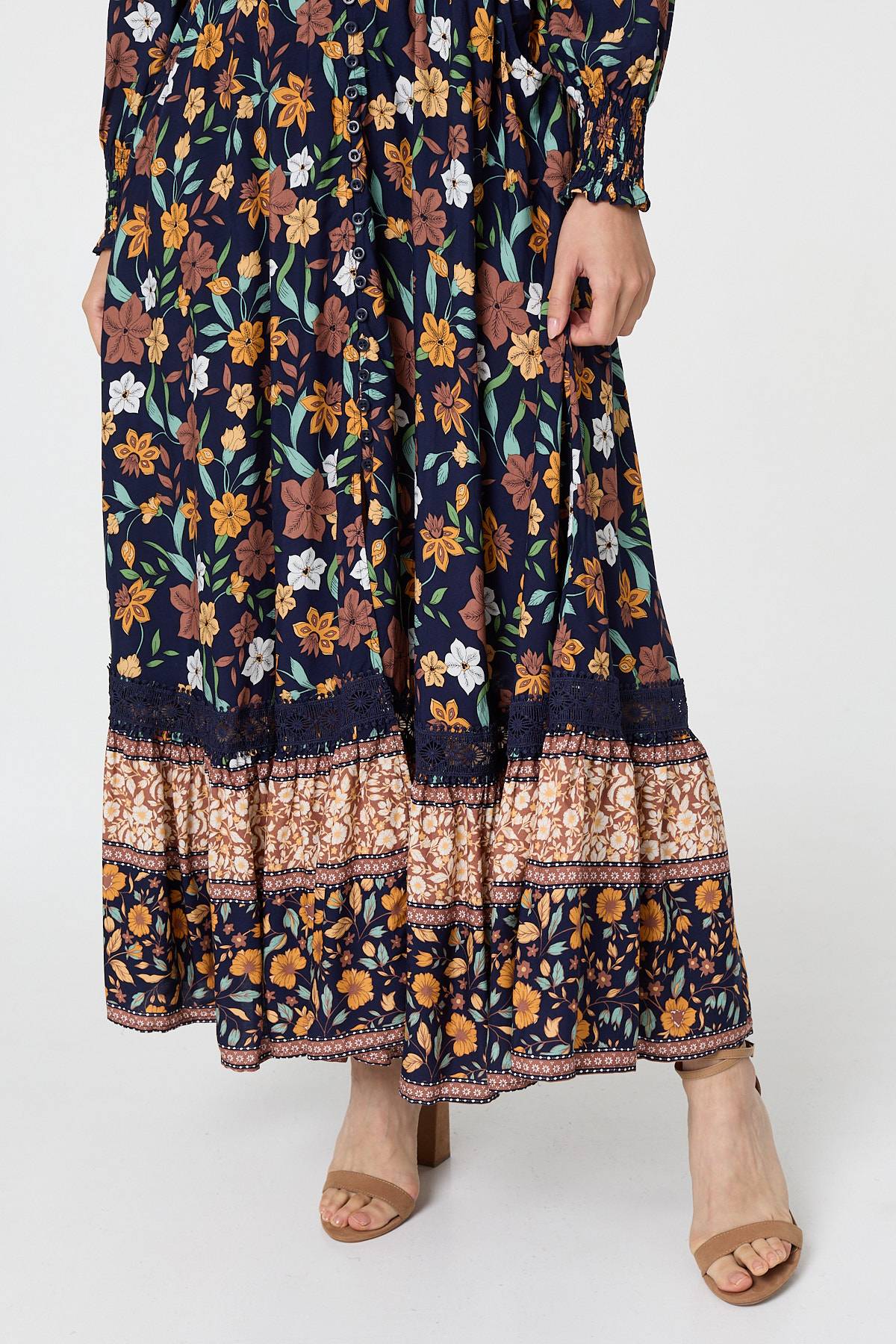 Floral Border Print Smocked Maxi Dress Front View 2