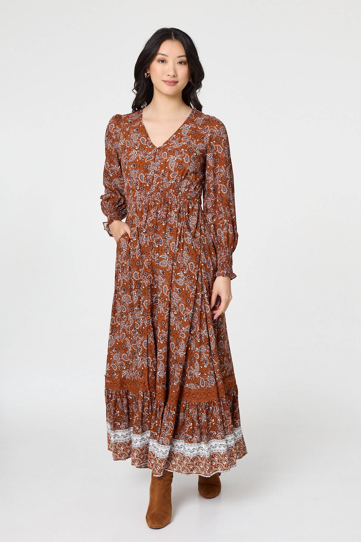 Paisley Shirred Lace Trim Maxi Dress Front View