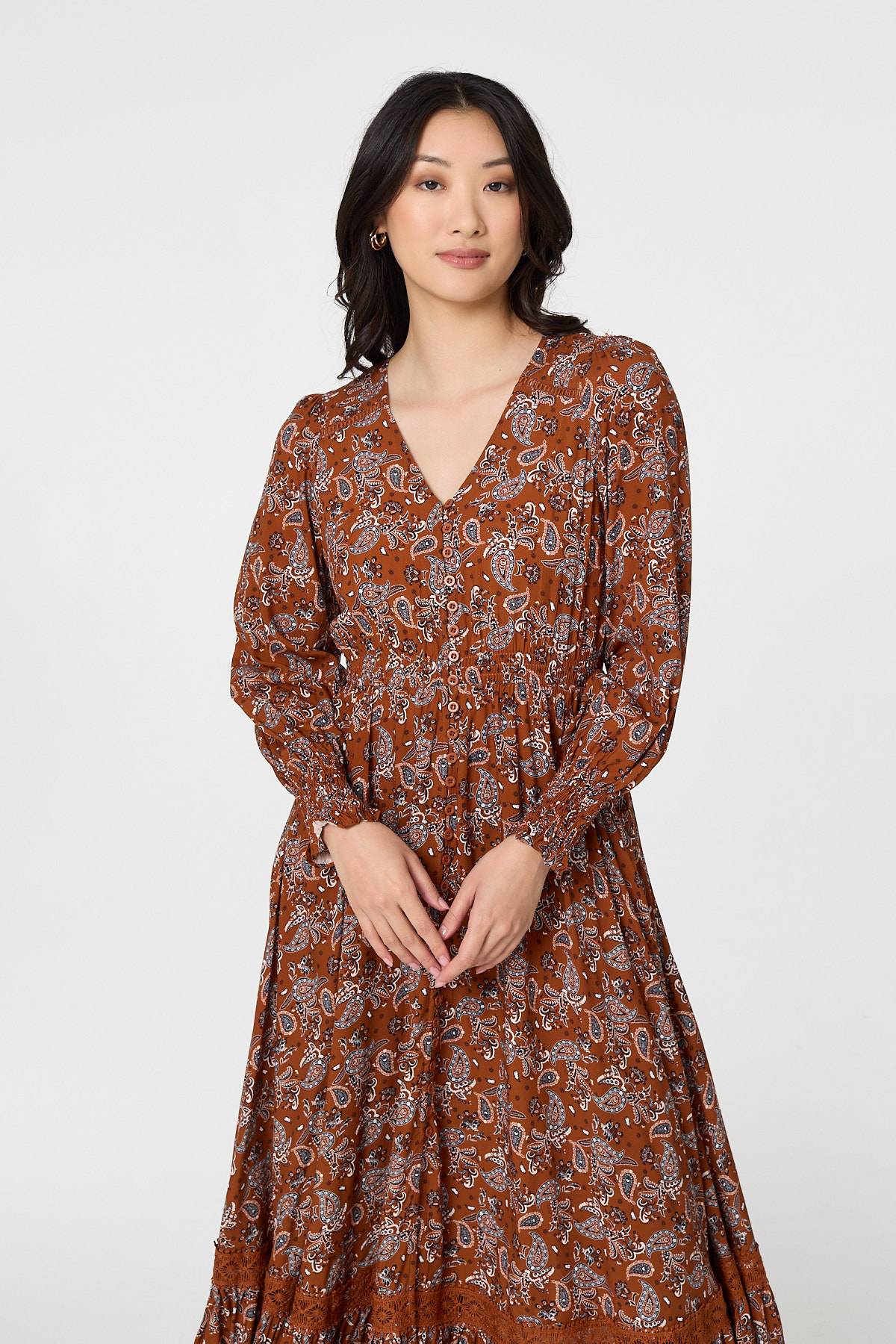 Paisley Shirred Lace Trim Maxi Dress Back View