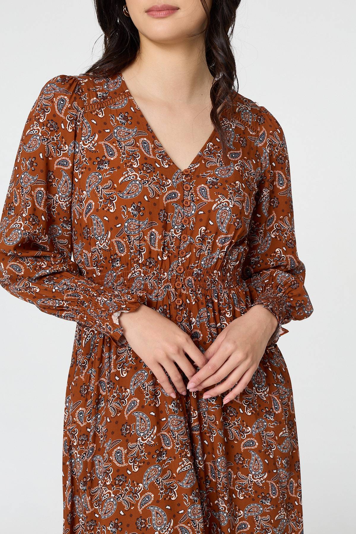 Paisley Shirred Lace Trim Maxi Dress Full Length View