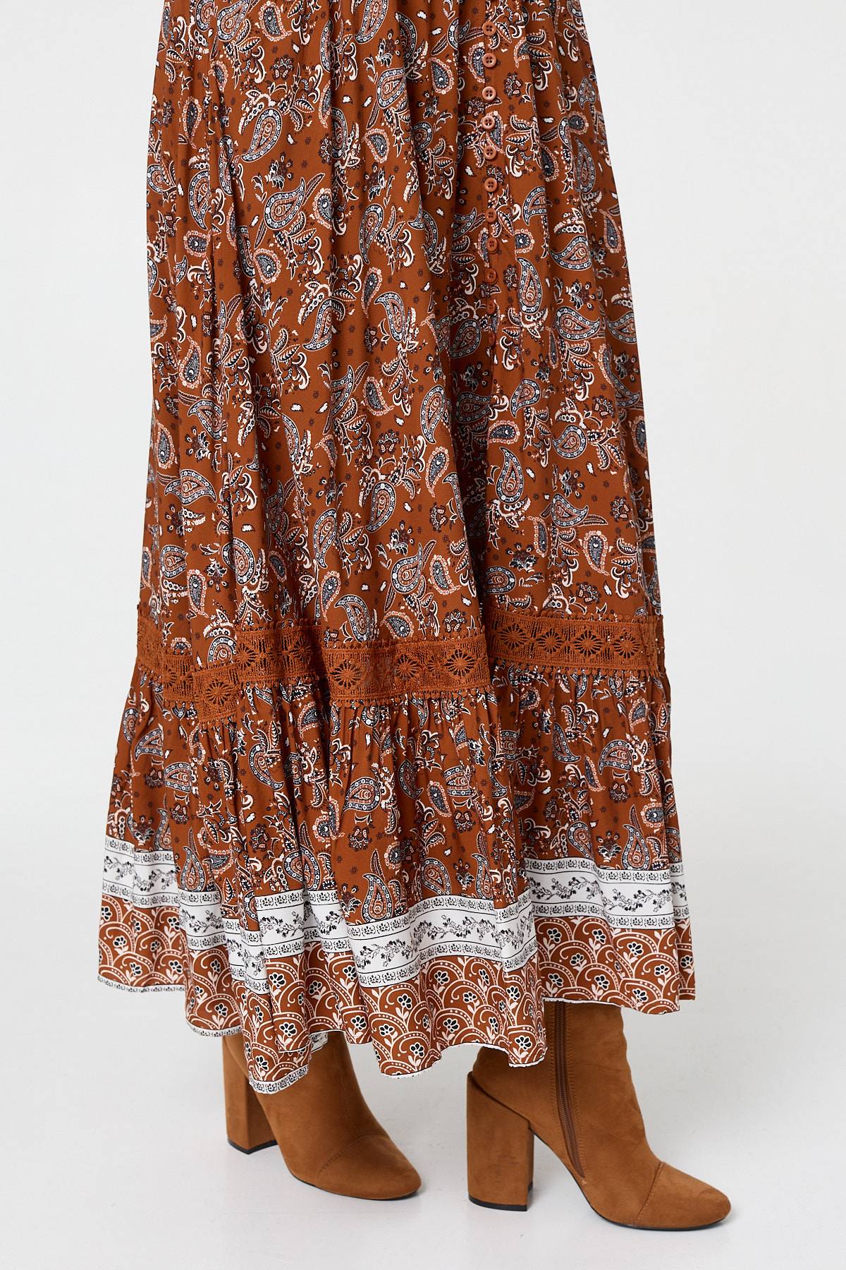 Paisley Shirred Lace Trim Maxi Dress Front View 2