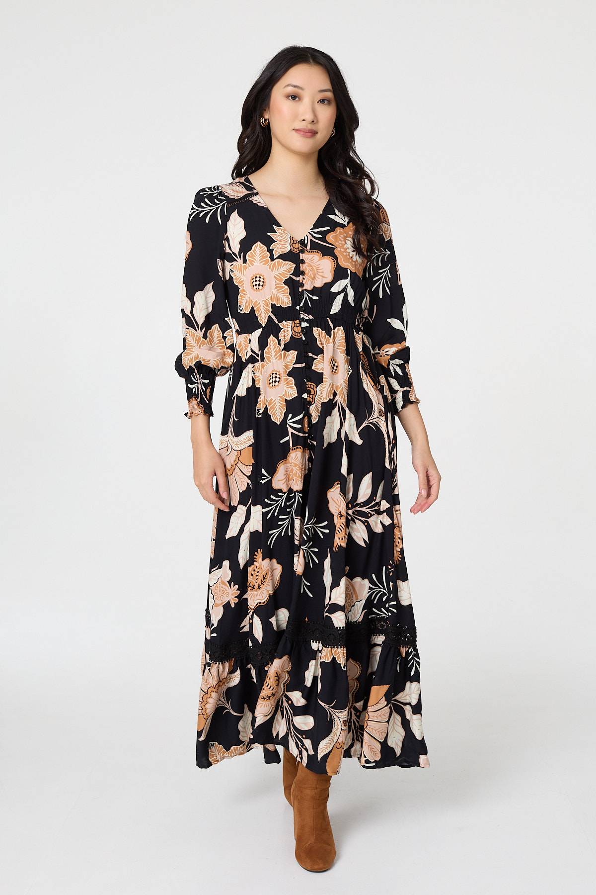 Leaf Print Long Sleeve Maxi Dress Front View