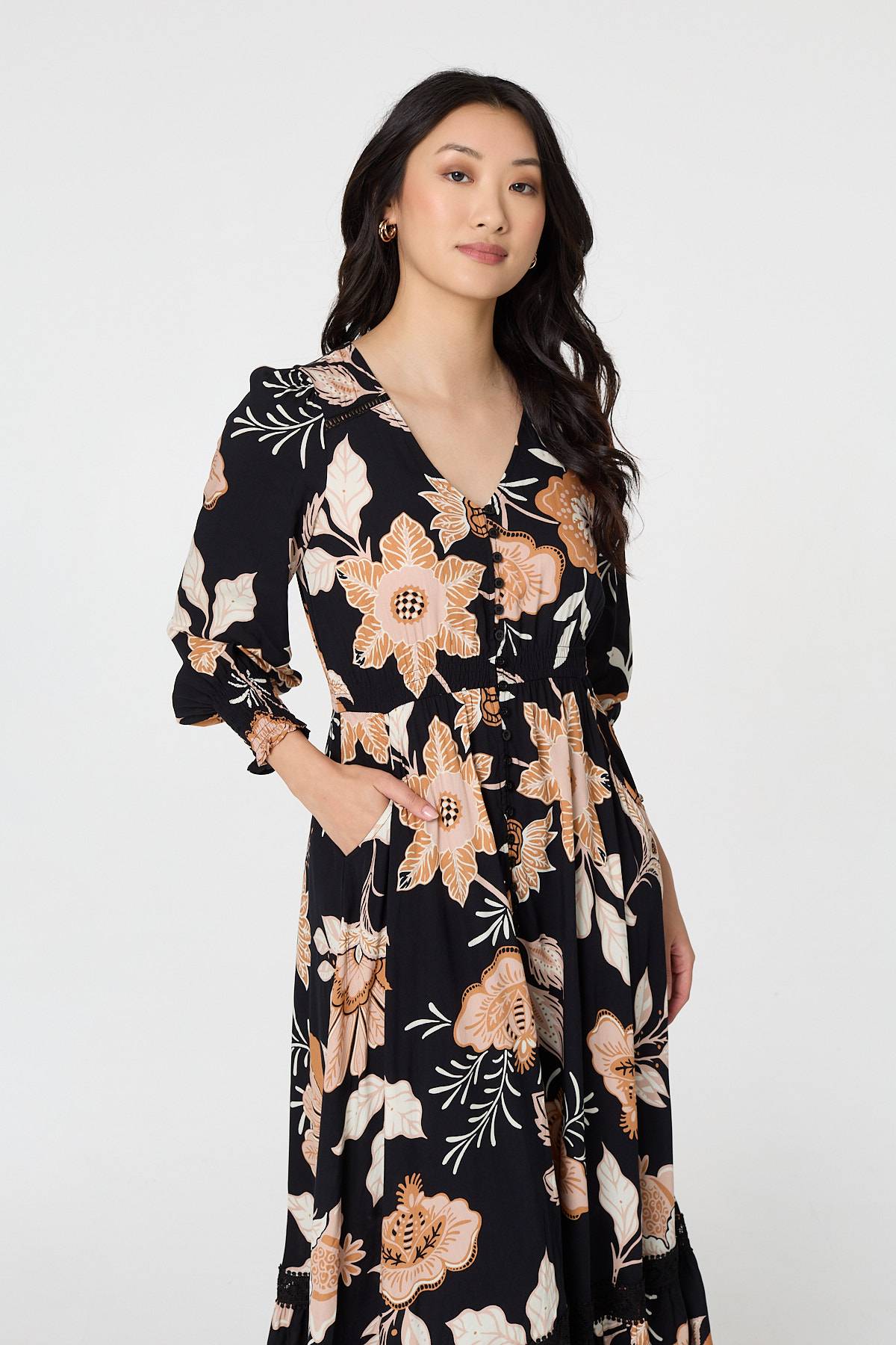 Leaf Print Long Sleeve Maxi Dress Back View