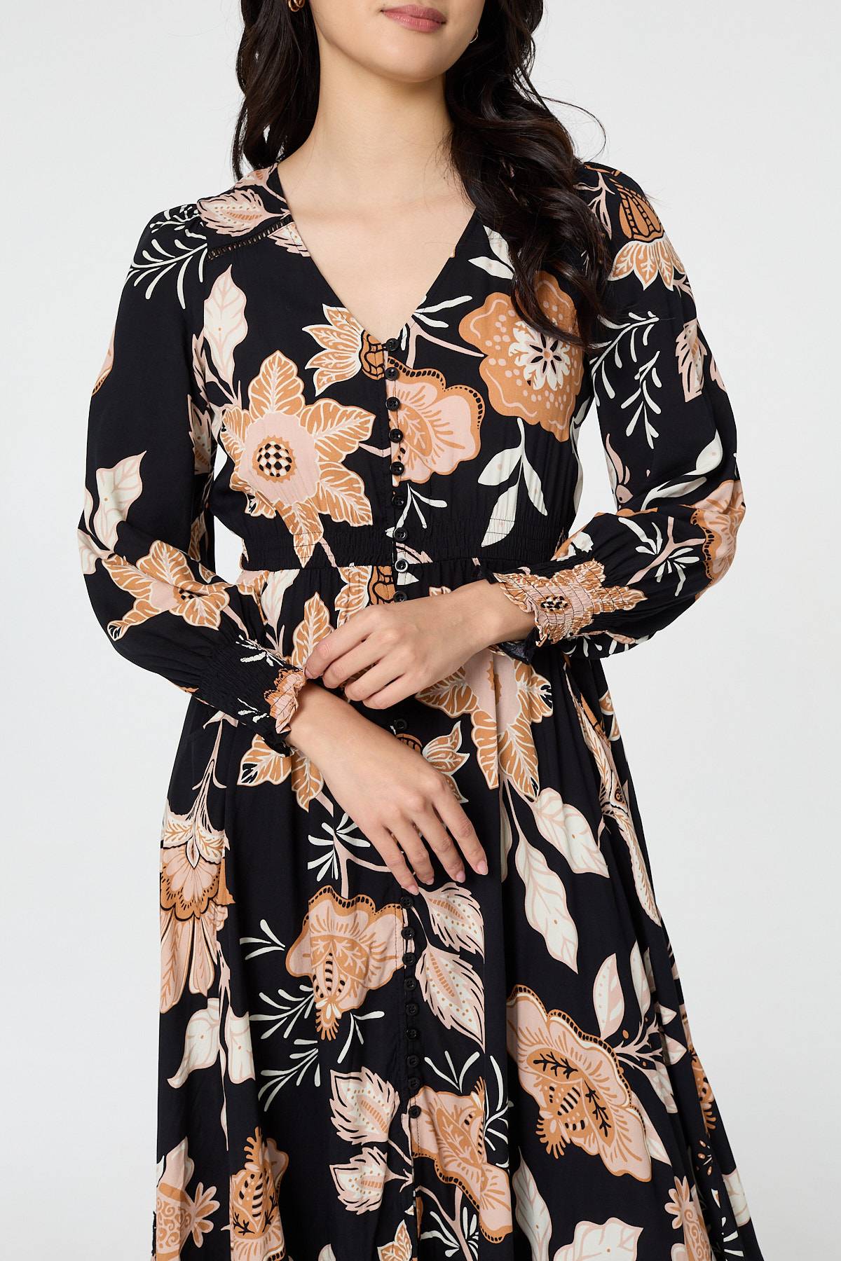 Leaf Print Long Sleeve Maxi Dress Styled View