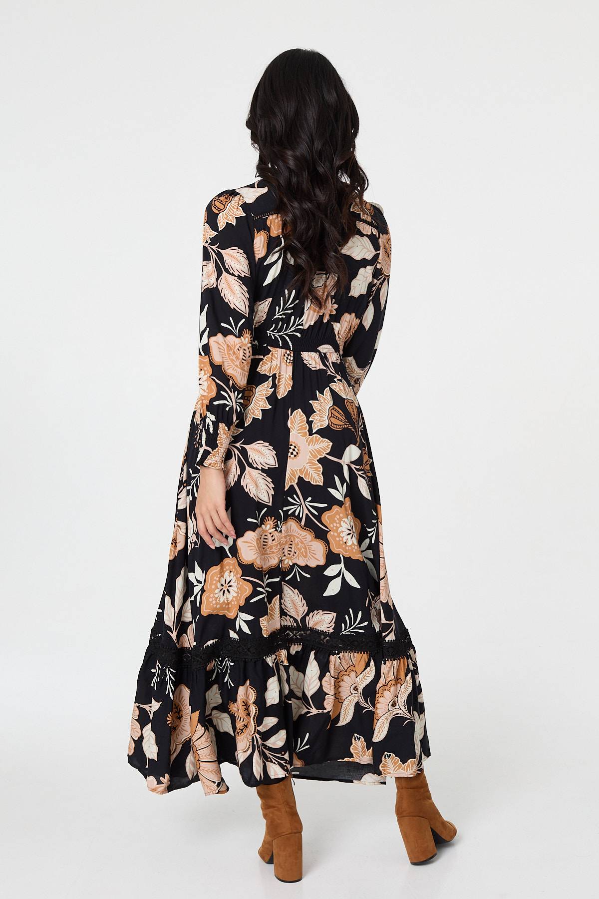 Leaf Print Long Sleeve Maxi Dress Detail View