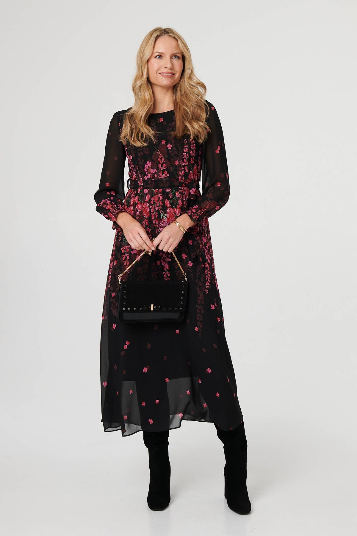 Floral Tie Waist Sheer Layer Maxi Dress Front View