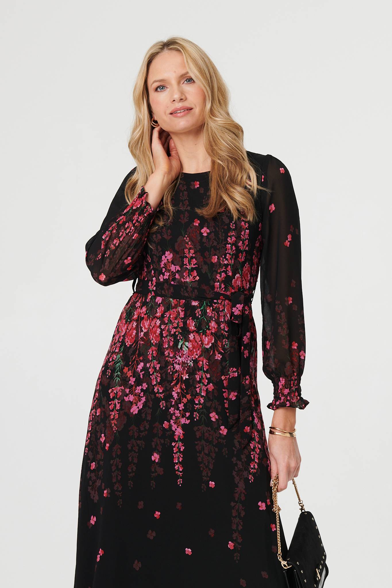 Floral Tie Waist Sheer Layer Maxi Dress Back View