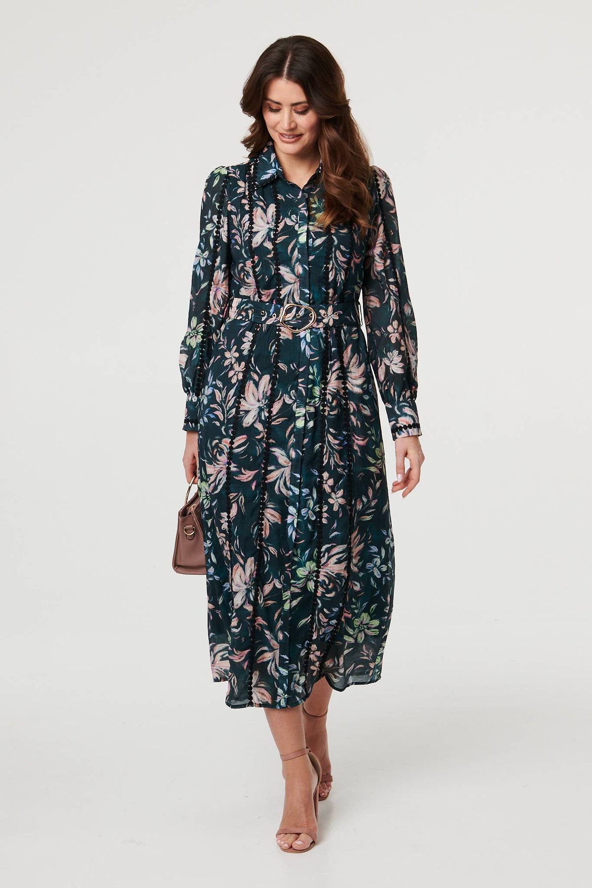 Floral Lace Trim Belt Waist Maxi Dress Back View