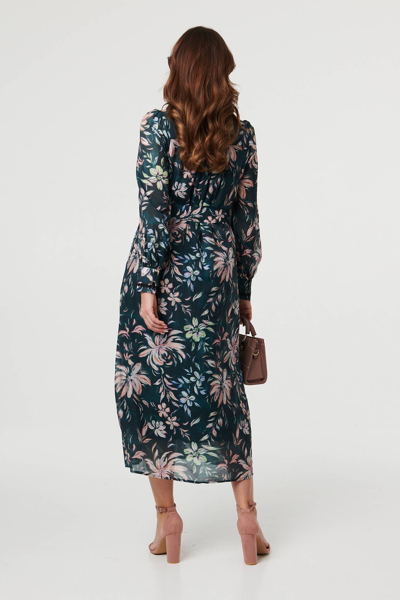 Floral Lace Trim Belt Waist Maxi Dress Side View