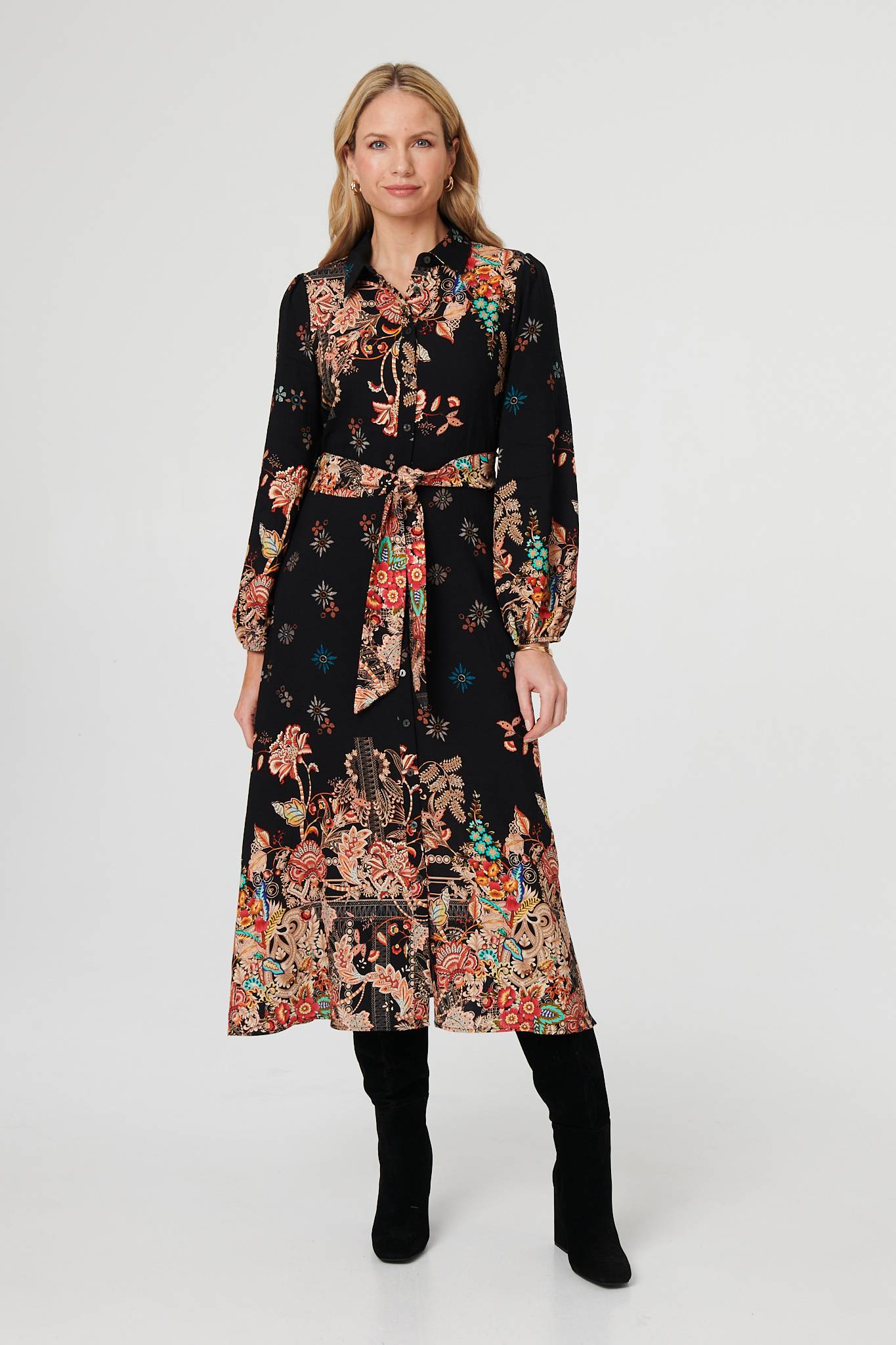Floral Tie Waist Maxi Shirt Dress Front View