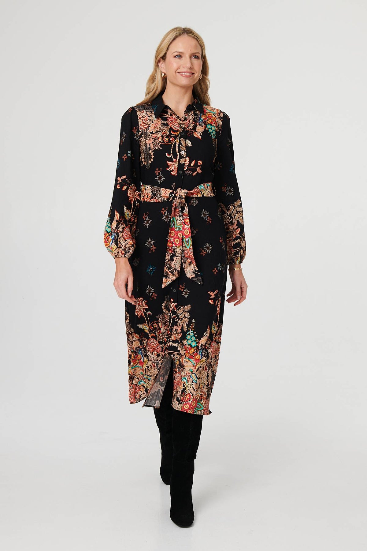 Floral Tie Waist Maxi Shirt Dress Detail View