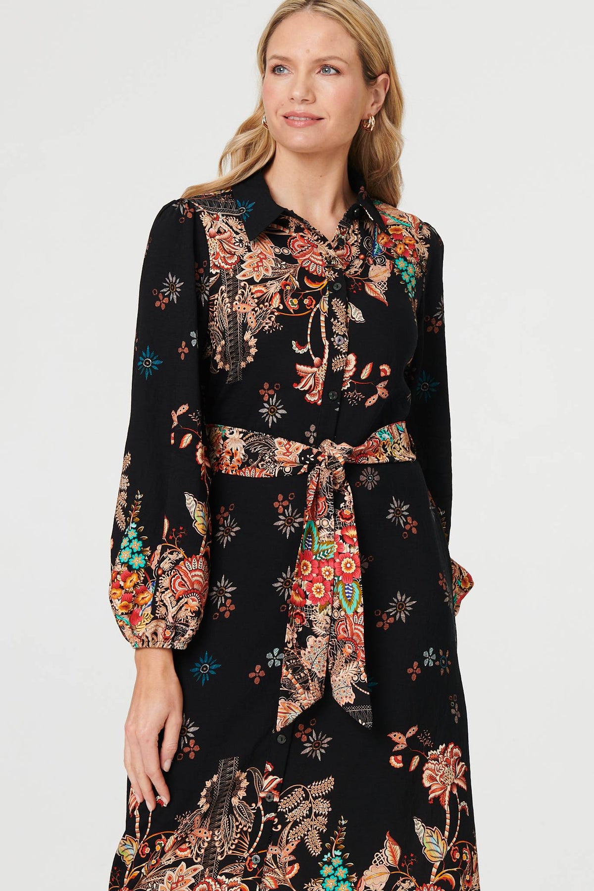 Floral Tie Waist Maxi Shirt Dress Side View 2