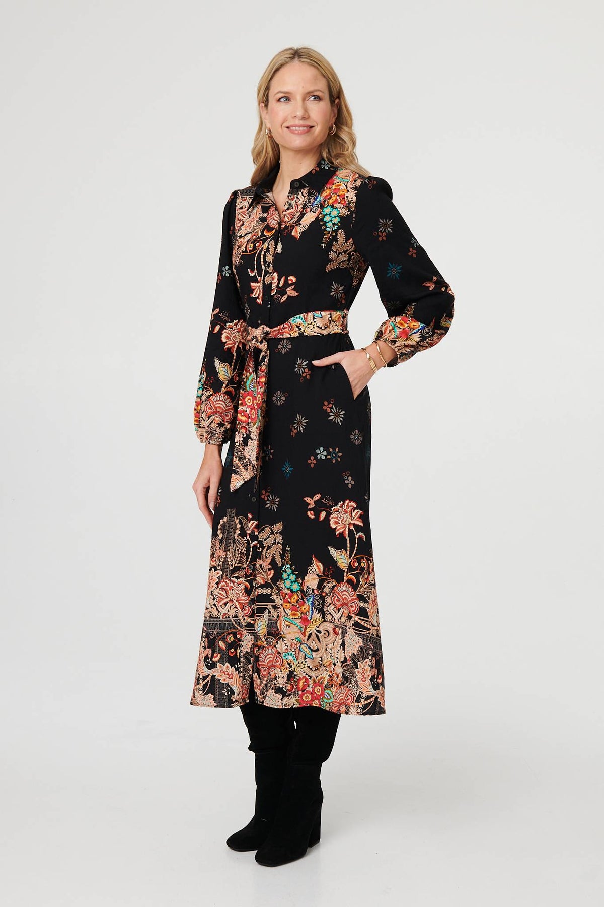 Floral Tie Waist Maxi Shirt Dress Front View 2