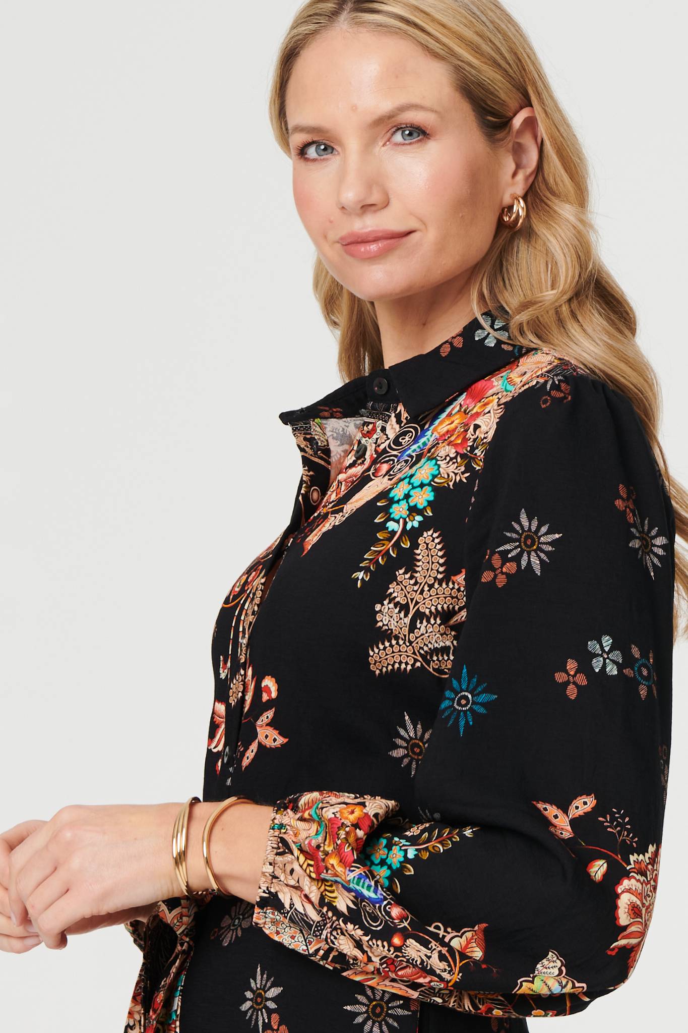 Floral Tie Waist Maxi Shirt Dress Full Length View