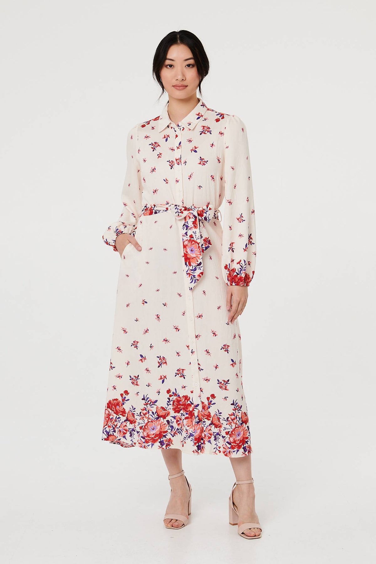 Floral Border Tie Waist Midi Shirt Dress Front View