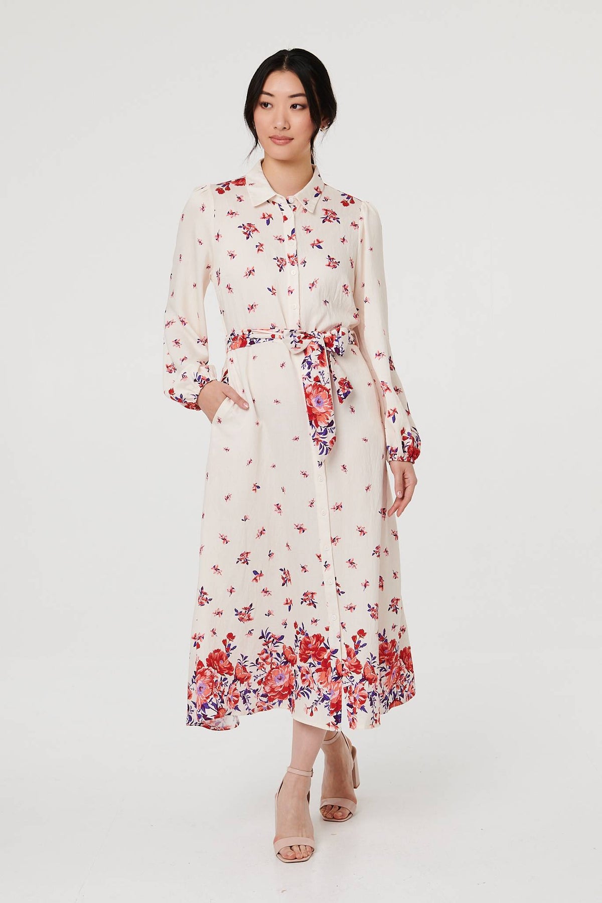 Floral Border Tie Waist Midi Shirt Dress Back View