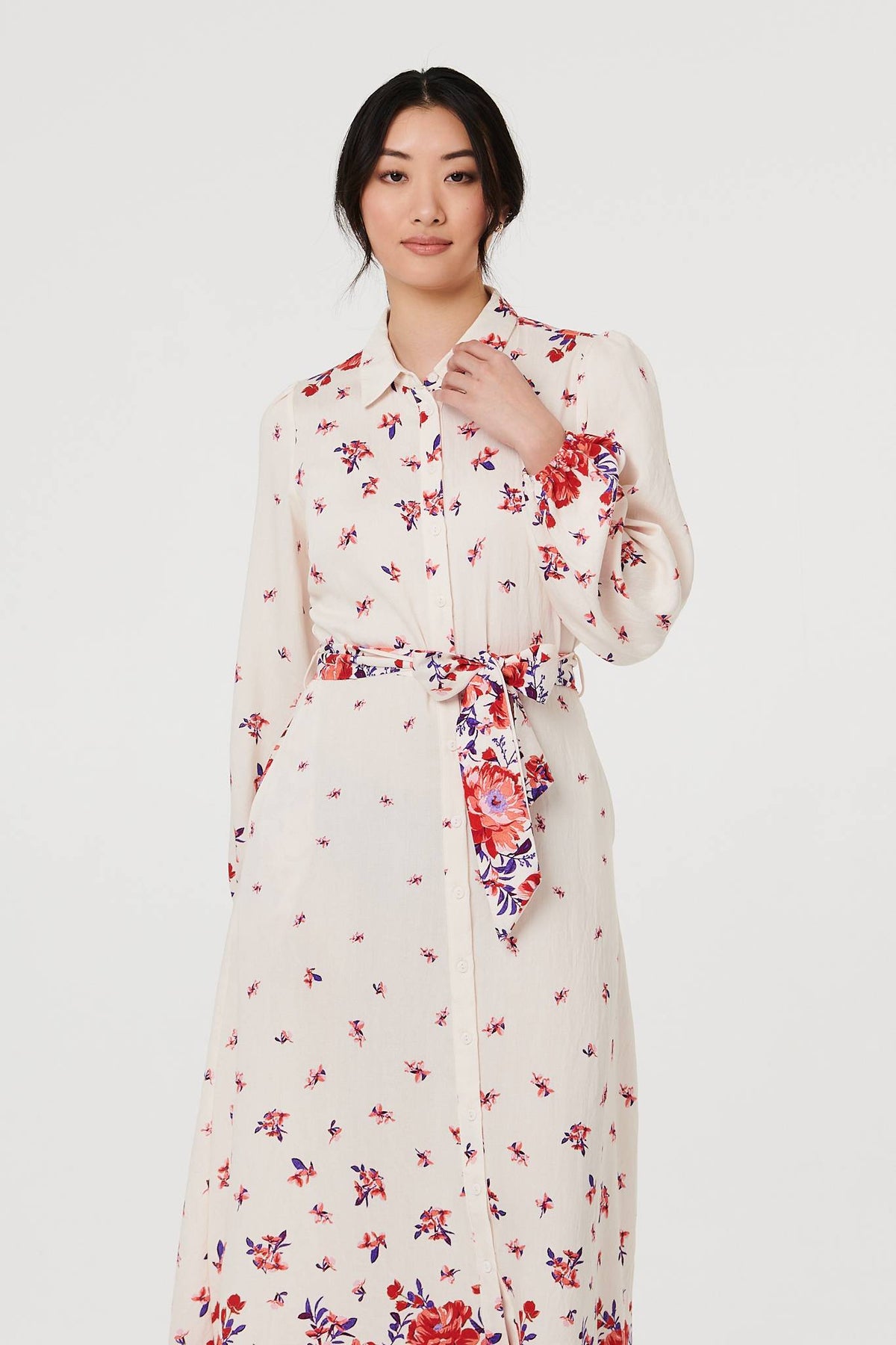 Floral Border Tie Waist Midi Shirt Dress Full Length View