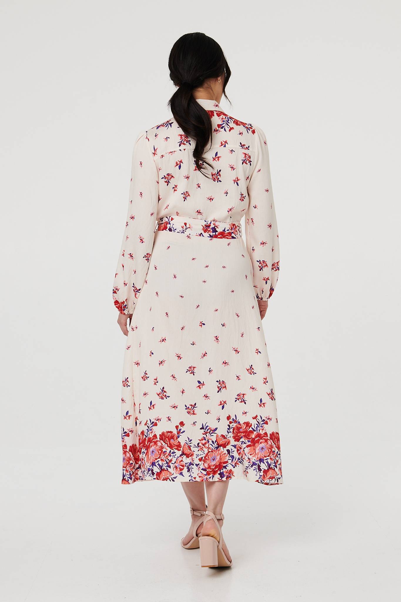 Floral Border Tie Waist Midi Shirt Dress Detail View