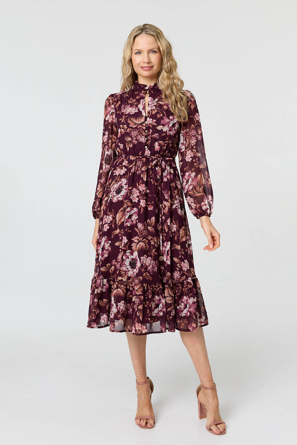 Floral Semi Sheer Mesh Layer Midi Dress Front View
