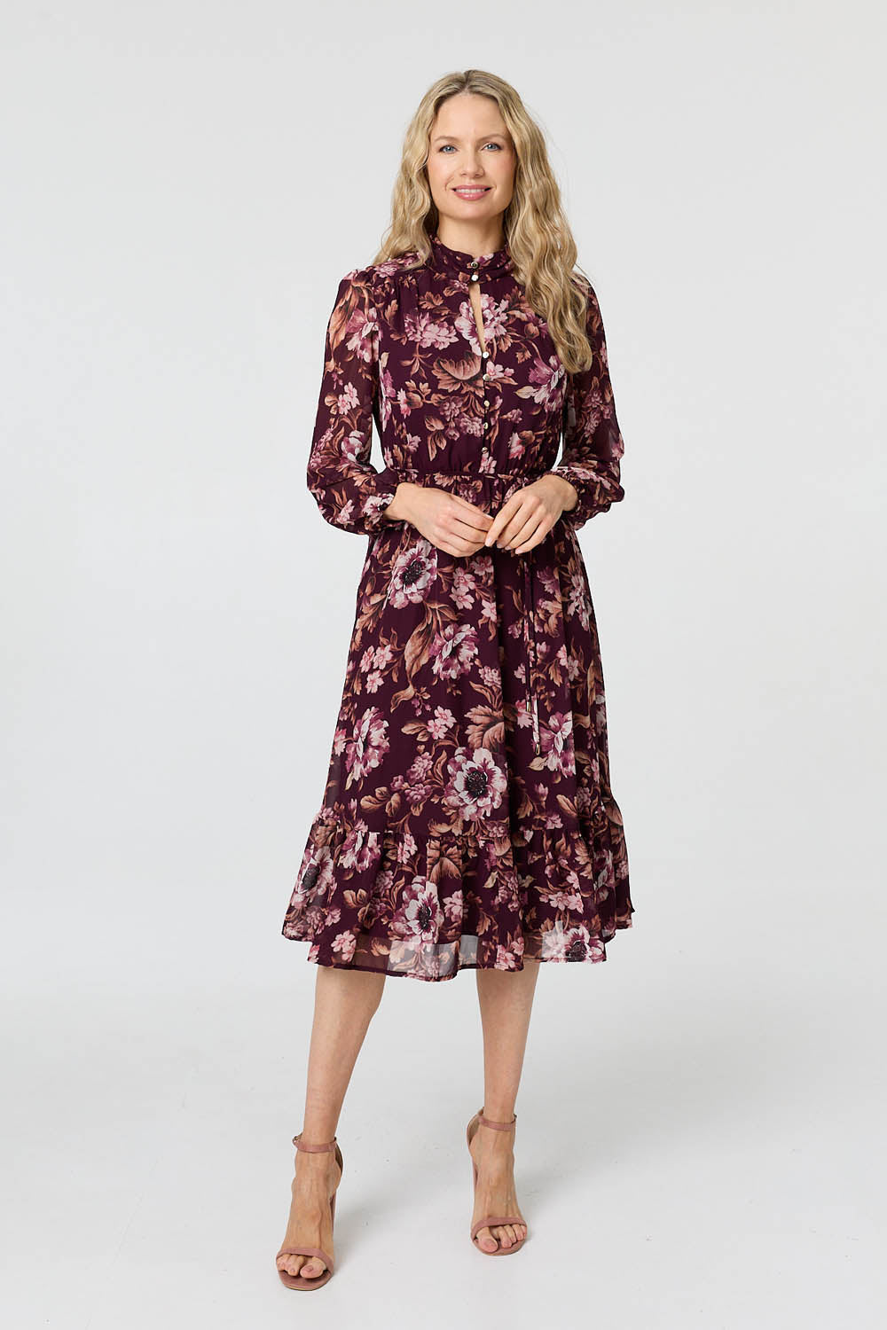 Floral Semi Sheer Mesh Layer Midi Dress Styled View